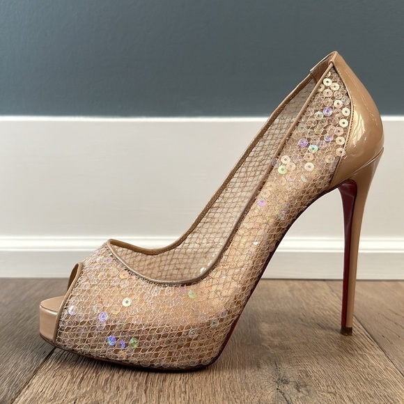 Christian Louboutin nude sequence peep toe size 37, 140 heel includes dust bag - Picture 3 of 10